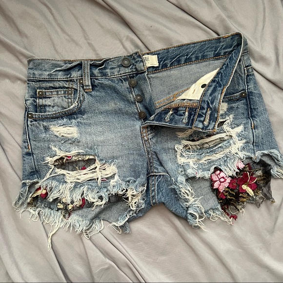 Free People Pants - Free People Button Fly Destroyed Jean Shorts with Lace Inserts 24 Blue